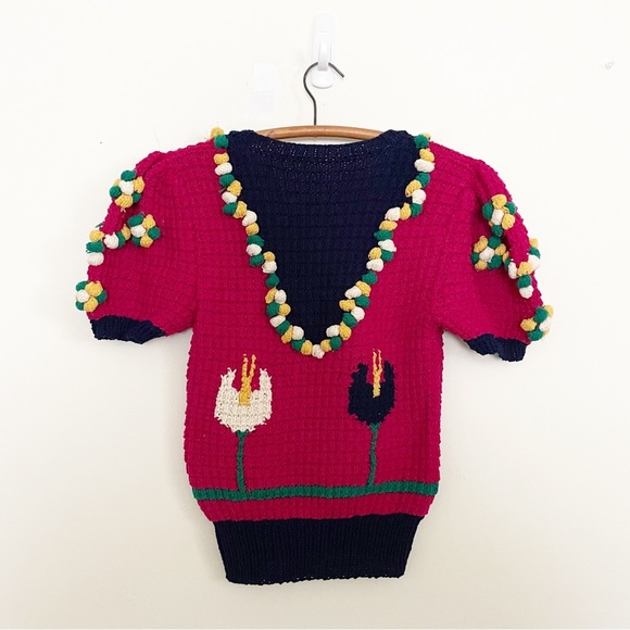 Vintage Puff Sleeve Pom Pom Bauble Knit Sweater Tulip Floral Pattern Size Small - Picture 5 of 8